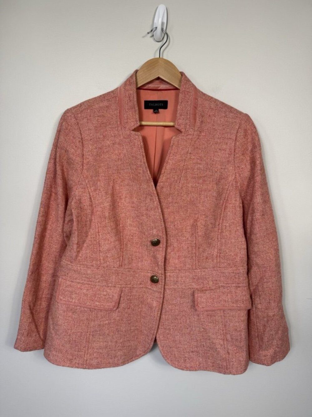 Talbots Blazer Women 14 Pink Herringbone Wool Blend Lined 2 Button Pockets